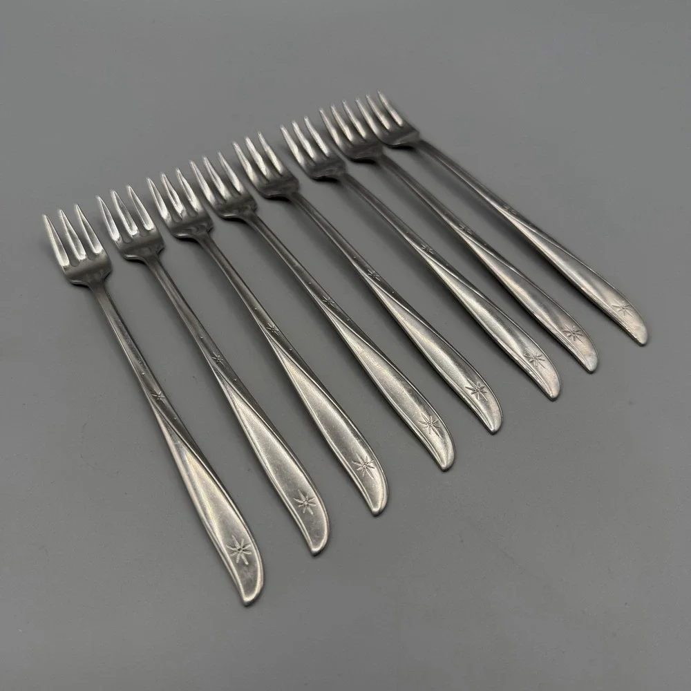 Cocktail Forks Oneida Community TWIN STAR 8pcs MCM Atomic Starburst Seafood